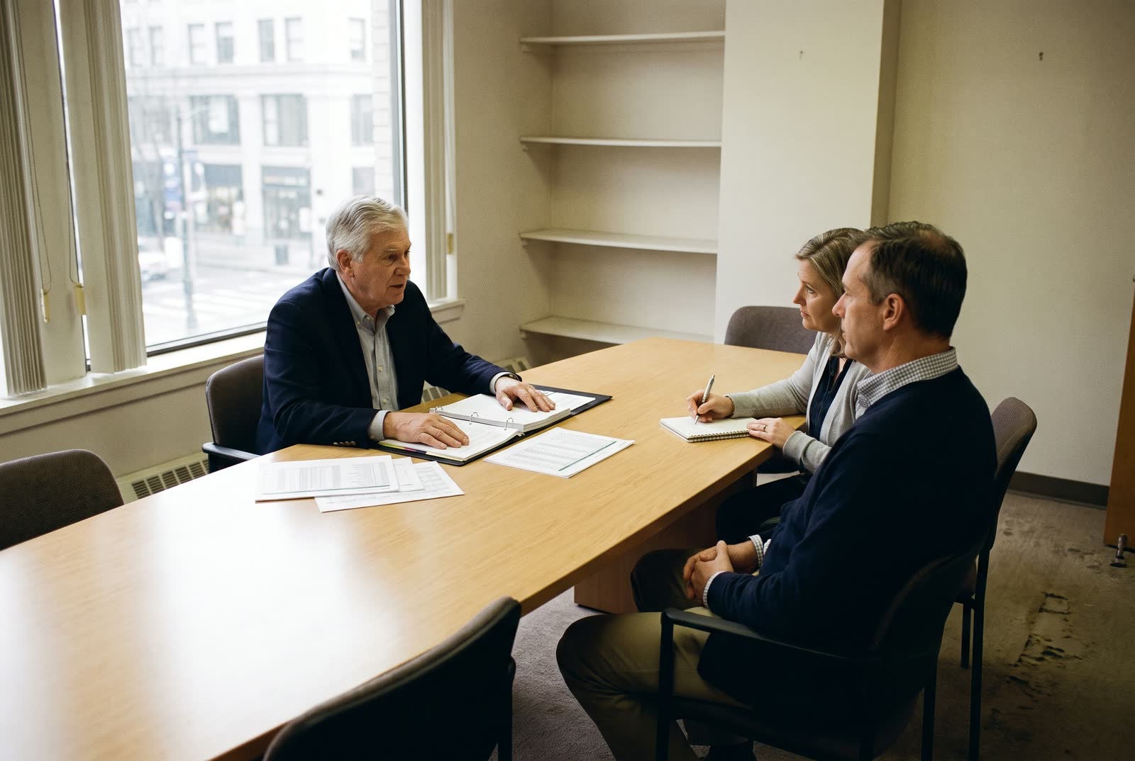 Trois personnes examinent des documents autour d’une table de réunion